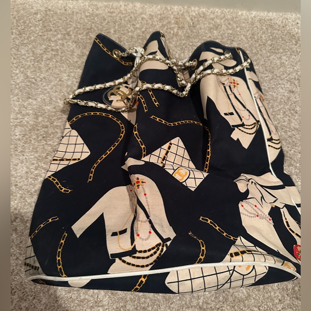 Chanel vintage drawstring canvas tote coco mademoiselle print